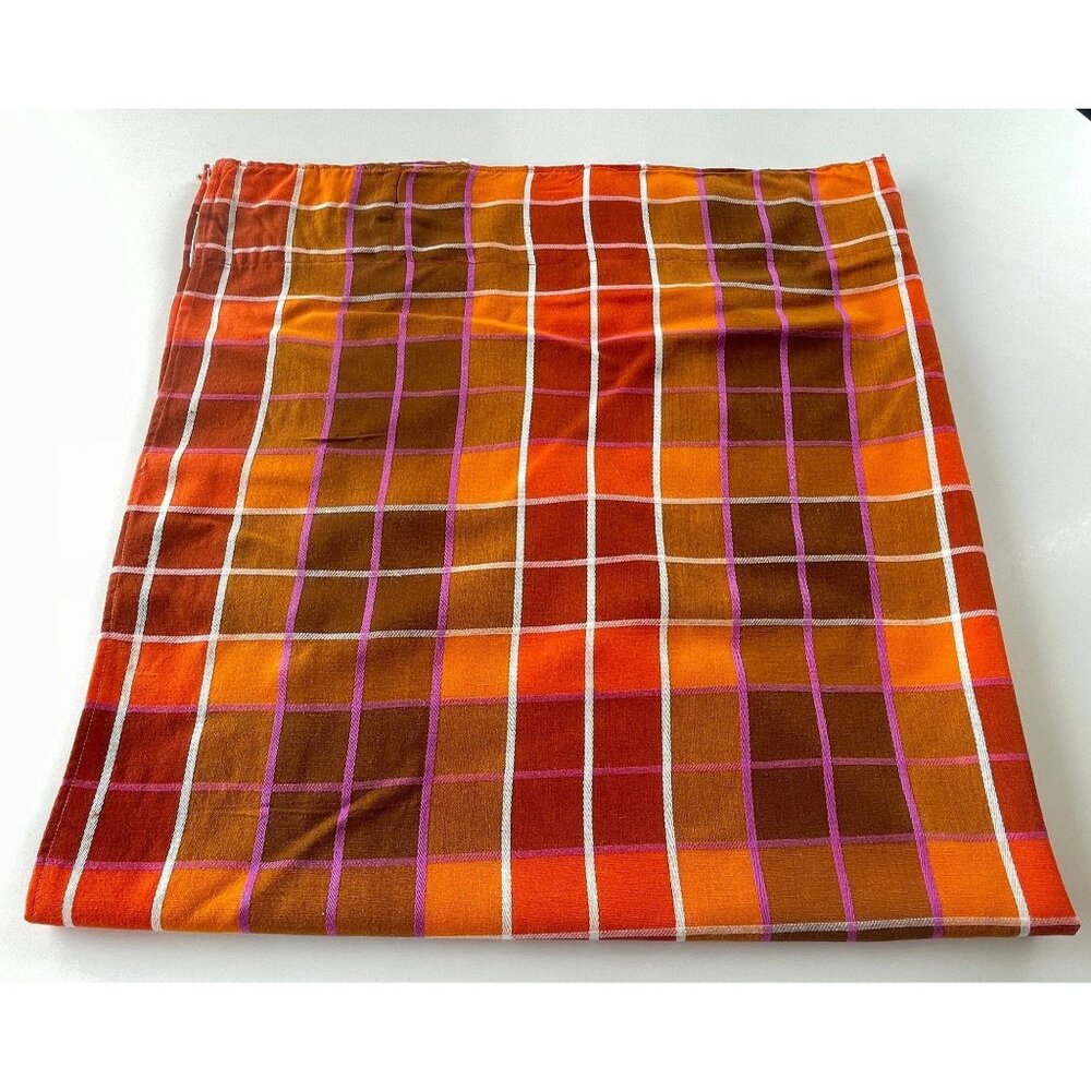 Vintage 70s pleated curtain, orange brown yellow purple plaid, single panel